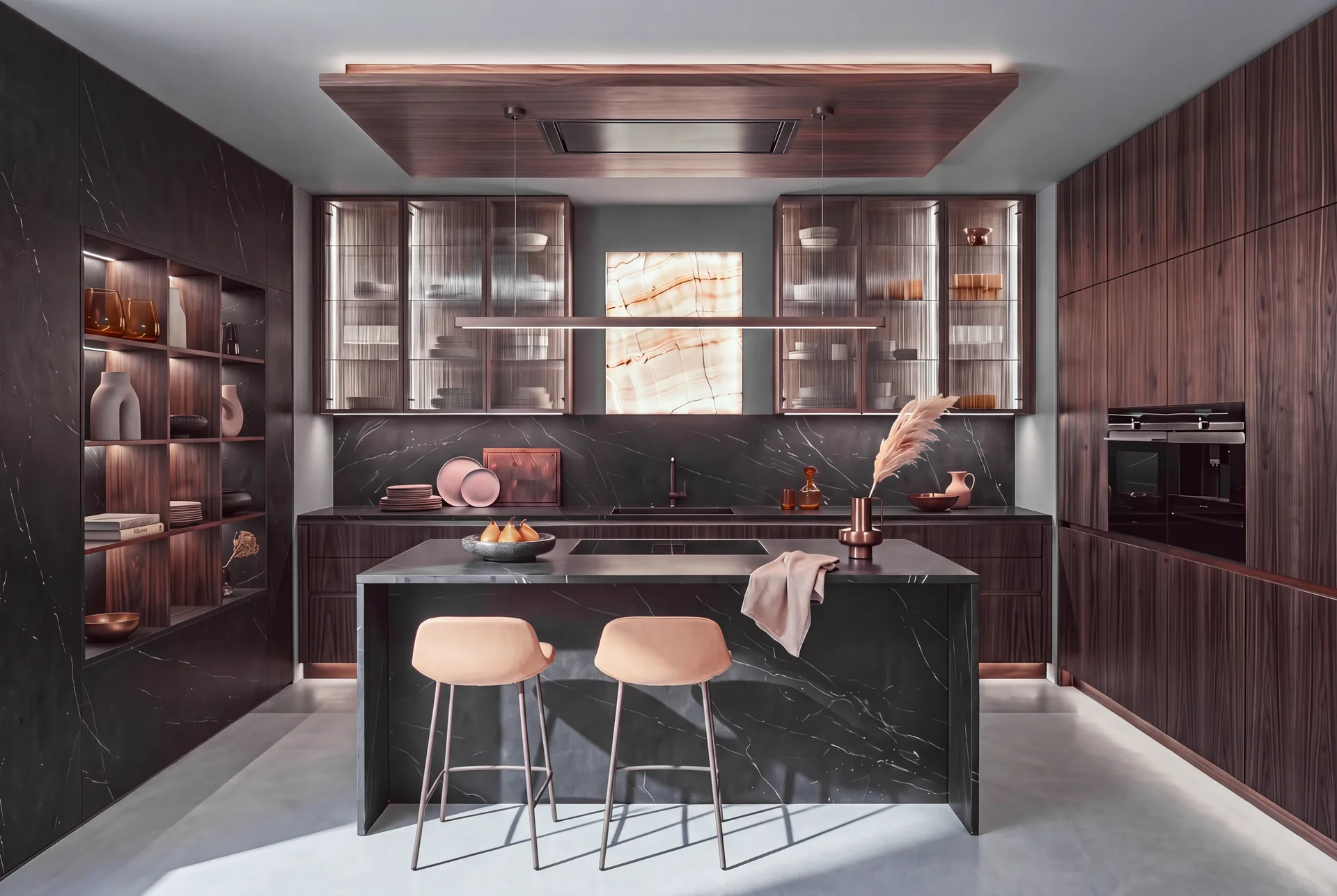 Concept study: the finished walnut kitchen in morning light, the dark veined stone island, reeded-glass uppers, backlit onyx.