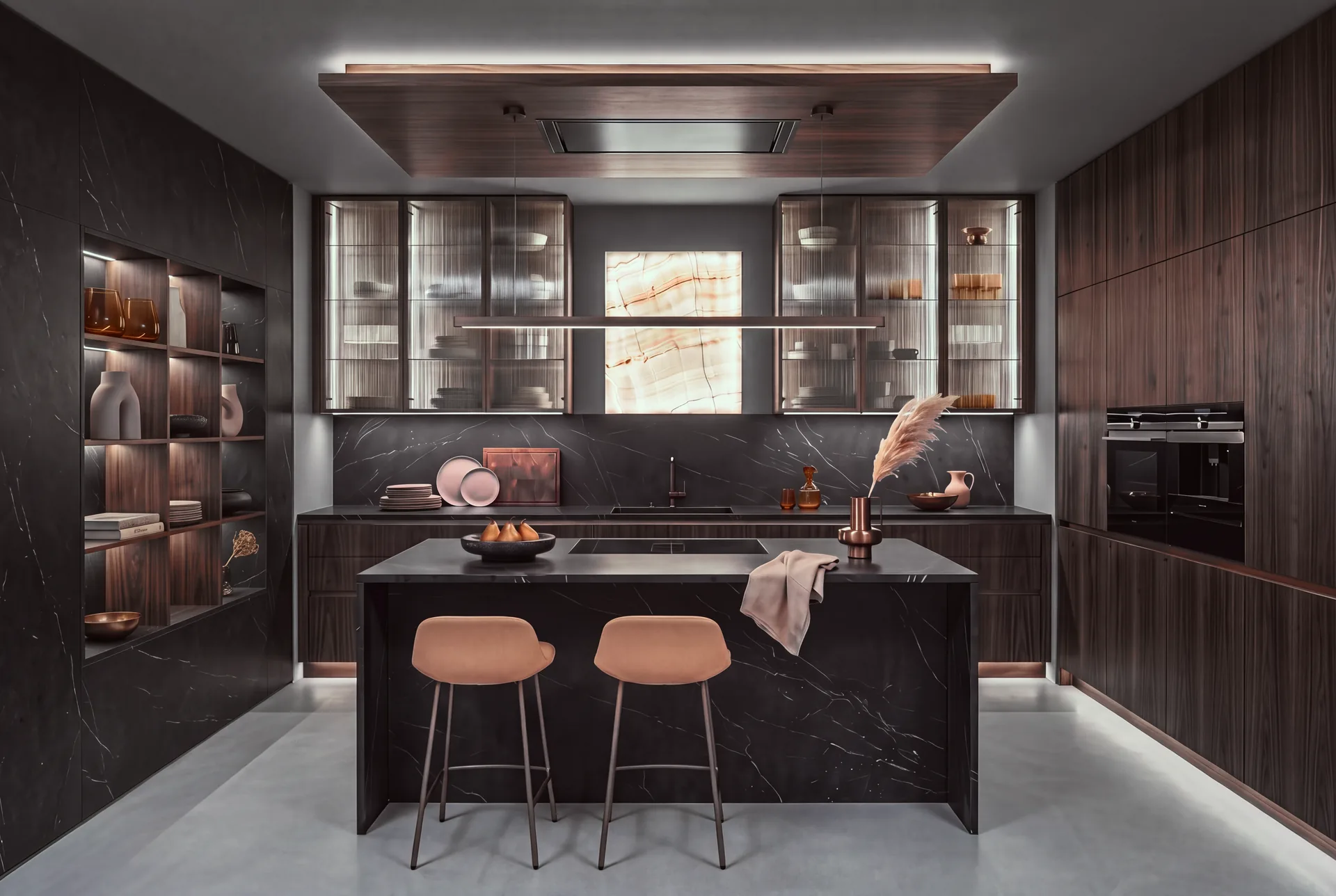 The Library, concept study: a dark walnut kitchen at dusk, its veined stone island and backlit onyx beneath reeded-glass uppers.