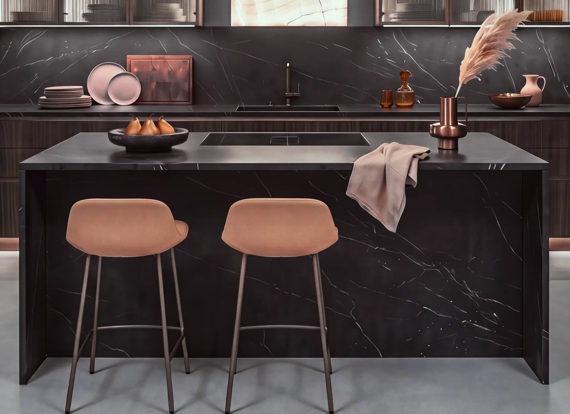 Walkthrough, the island: a dark stone top with white veining, its waterfall side, and the walnut run behind.