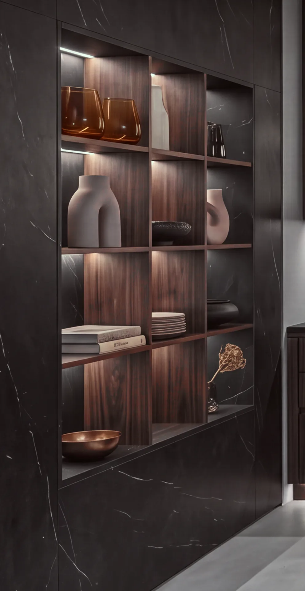 Concept detail: a lit open shelving niche set into dark veined stone, walnut backs and shelves.