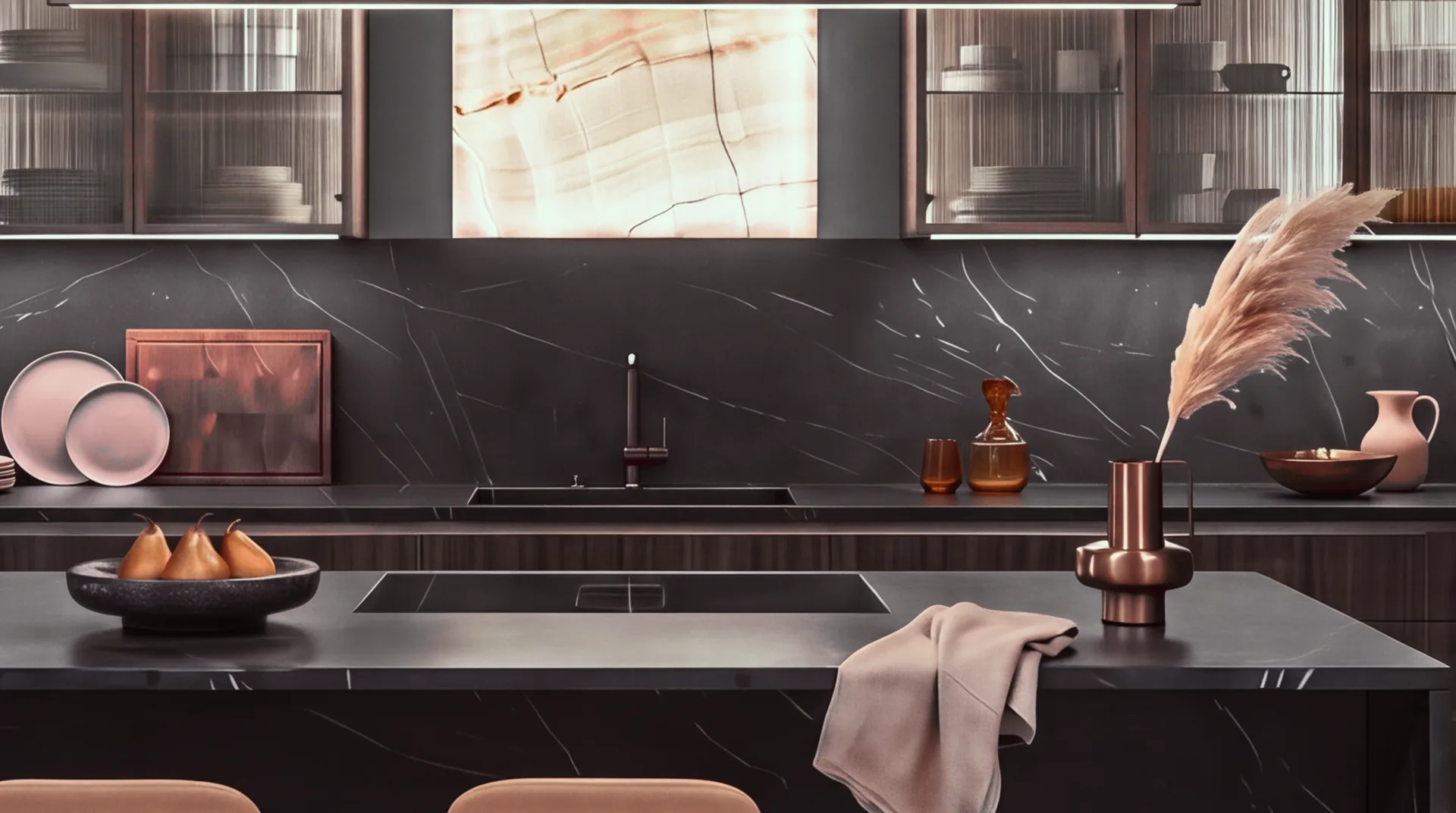 Walkthrough, the sink run: set beneath the backlit onyx panel, reeded-glass uppers to each side.